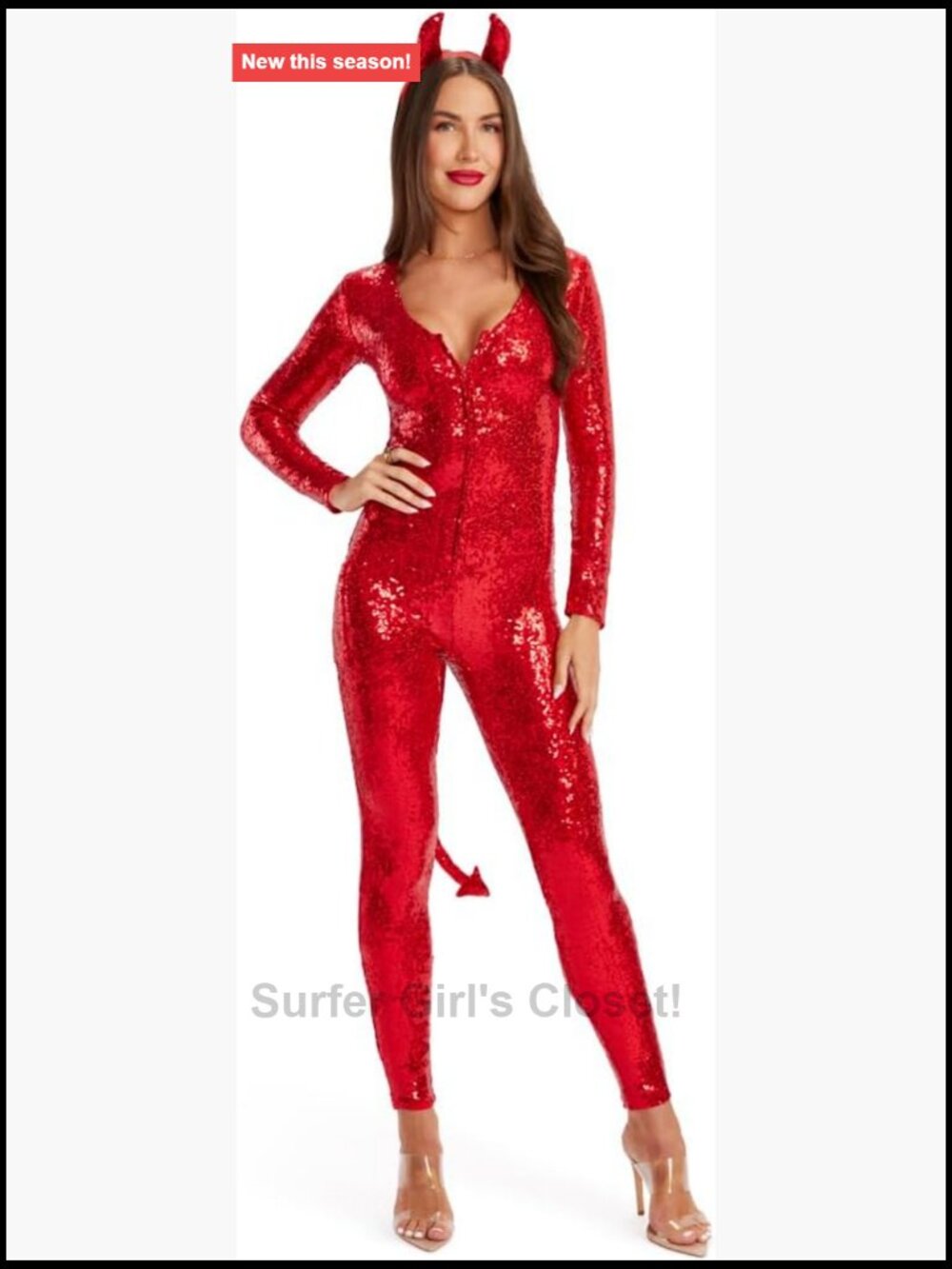 Women's Sequin Devil Bodysuit Costume with Horns Headband Long Sleeve